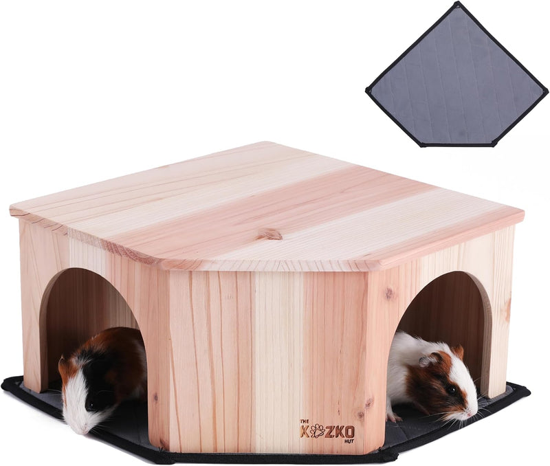Wooden Guinea Pig Corner Hideout - Hidey for Chinchilla, Rat and Hedgehog with Pee Pad, Fully Assembled & Dual Entrances