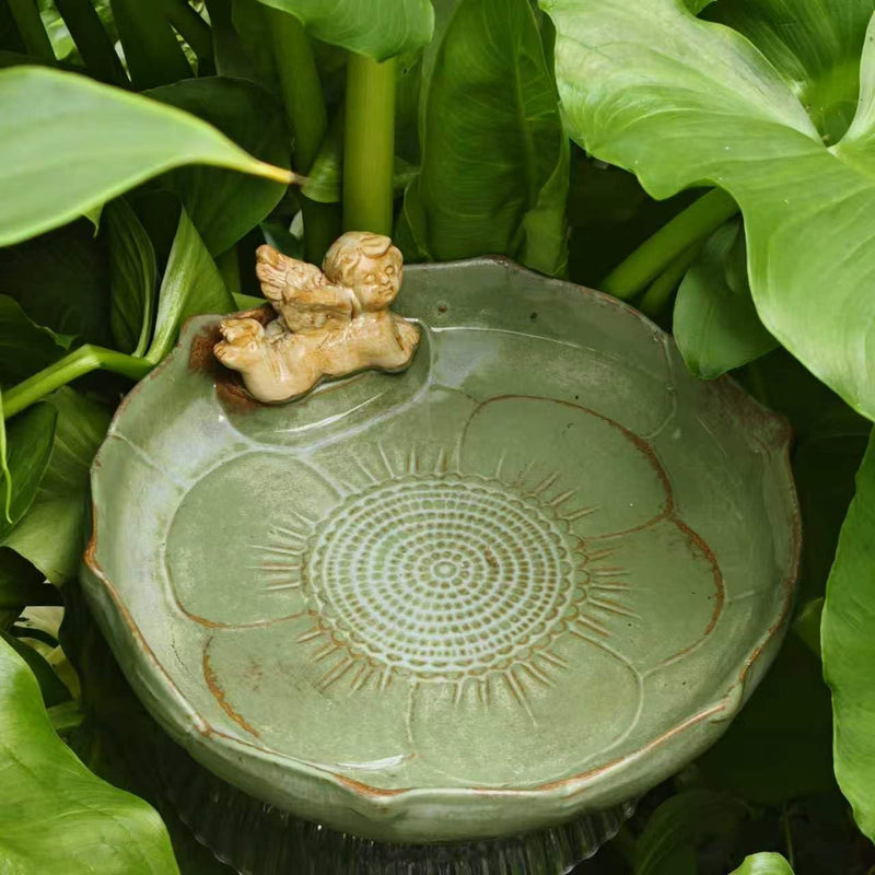Bakayoyo 9.45inch Ceramic Ground Bird Bath Bowl for Outside, BirdBath Bowl Only, Ground Bird Feeders and birdbath for Outdoors, Tabletop，Balcony and Garden(Angel)