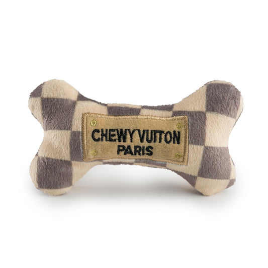 Haute Diggity Dog Chewy Vuiton Bone Plush Squeaky Dog Toy, Soft Durable Designer-Inspired Stuffed Puppy Chew Toys for Small & Medium Dogs, Machine-Washable (Tan Checker) Small
