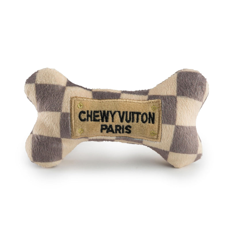 Haute Diggity Dog Chewy Vuiton Bone Plush Squeaky Dog Toy, Soft Durable Designer-Inspired Stuffed Puppy Chew Toys for Small & Medium Dogs, Machine-Washable (Tan Checker) Small