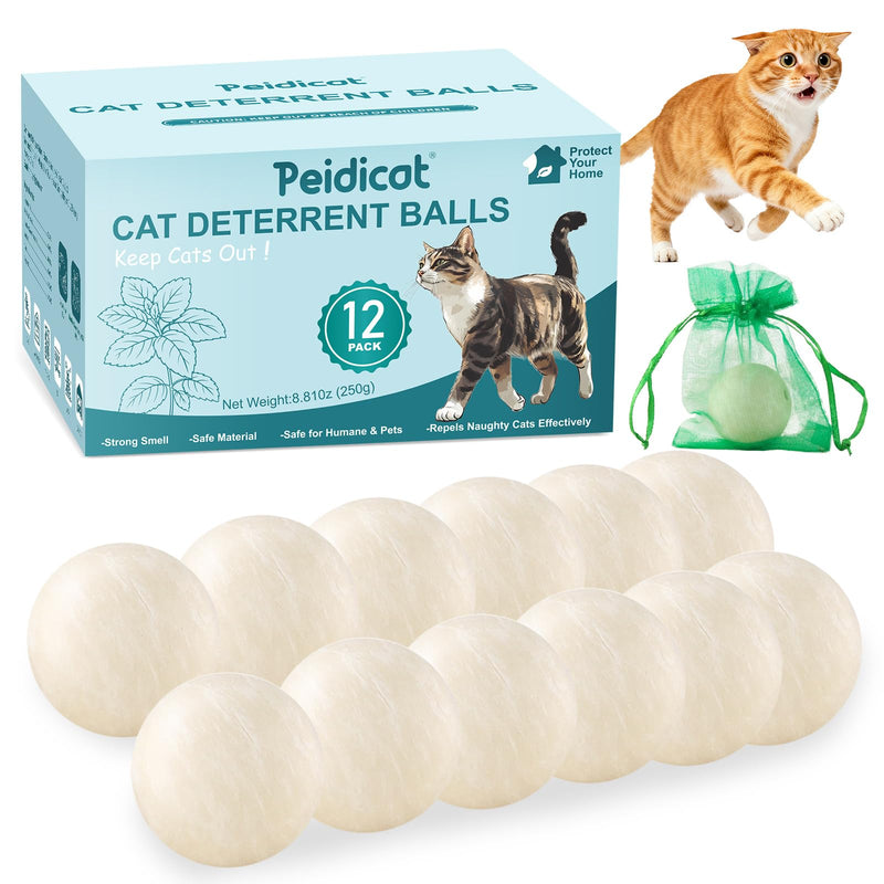 Natural Peppermint Oil Cat Repellent Balls – Indoor & Outdoor Deterrent for Garden, Lawn, Yard & Plants – Prevent Cats from Scratching, Chewing & Peeing – 12 Pack