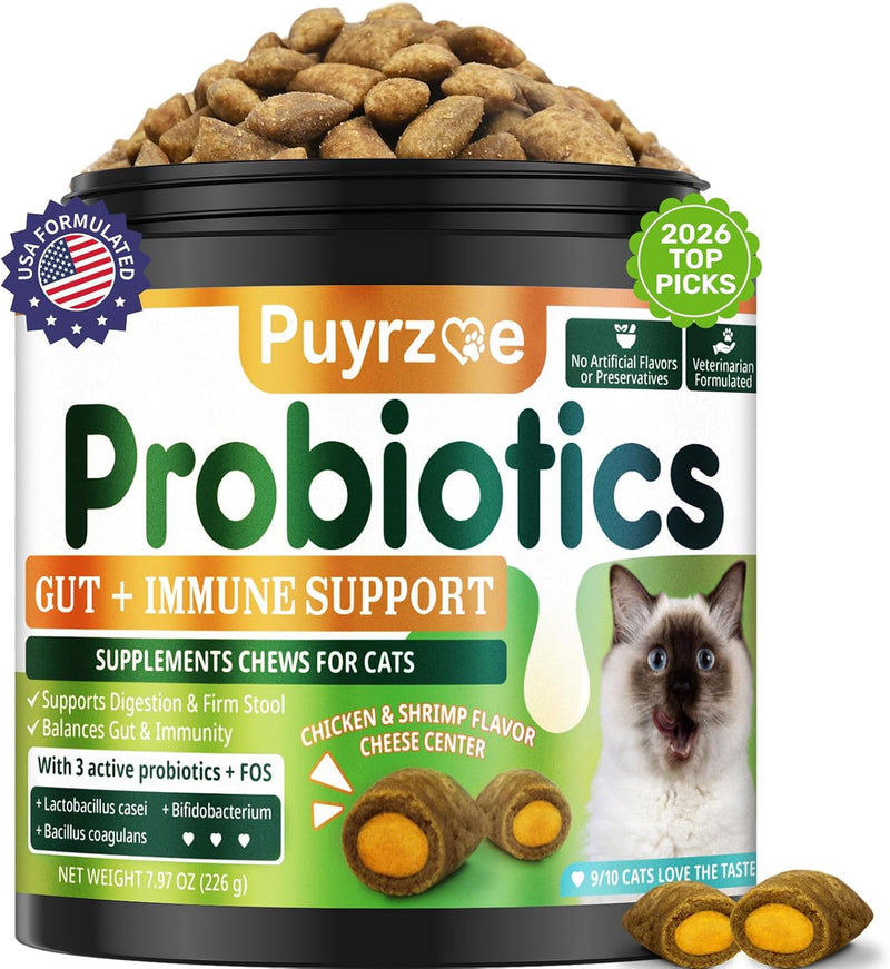 Puyrzoe Cat Probiotics & FOS Chews - Digestive + Gut Support, 500 Crunchy & Creamy Chews, Constipation Relief + Nutrient Absorption + Immune, Daily Probiotics Chews for Cats Kittens (Chicken Shrimp)