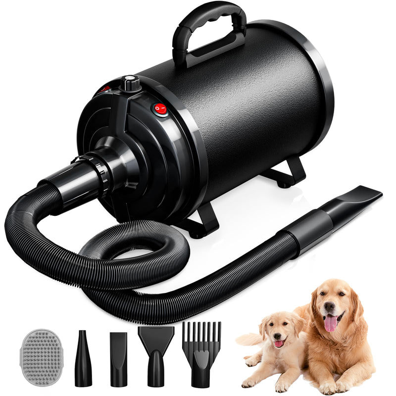 Blanlody Dog Dryer Pet Hair Blower High Velocity for Grooming, Blow 3800W/5.2HP for Large Dogs Sechoir Pour Chien with Stepless Adjustable Speed, 4 Different Nozzles and Dog Brush,Black