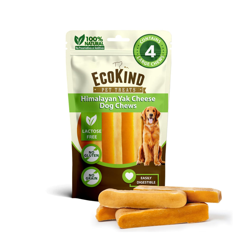 EcoKind Yak Cheese Himalayan Dog Chews, Yak Chews for Large Dogs, Long Lasting Bone for Aggressive Chewers, 3 Ingredient Natural High Protein Dog Treat, No Additives or Lactose, Large - 4 Chews (1 lb)