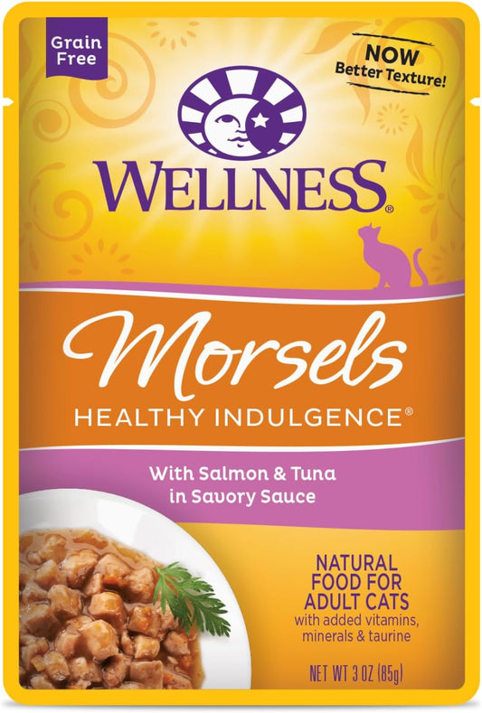 Wellness Healthy Indulgence Morsels Adult Wet Cat Food, Natural, Protein Rich, Grain Free, Salmon and Tuna Recipe, 3 oz, Pack of 24 Pouches