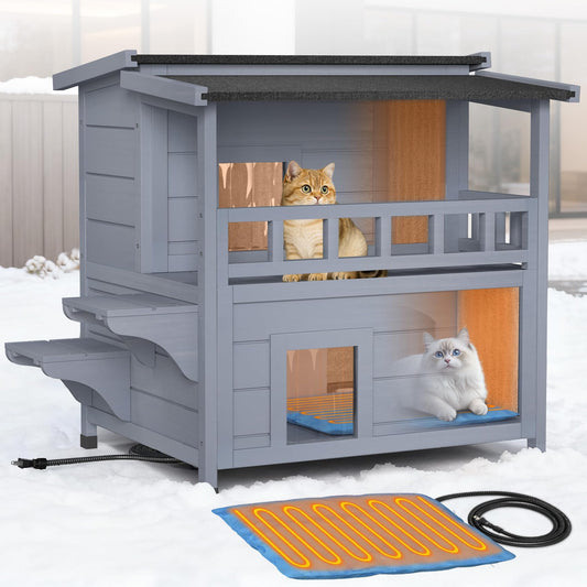 PETIMBER Heated Cat House for Outside - Wooden Outdoor Cat house Weatherproof with Escape Door, 2 Story Insulated Cat Houses, Warm Feral Cat Shelter with Heated Pad, Winter Cat Houses for Outdoor Cats