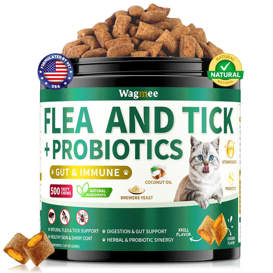 Flea and Tick Prevention for Cats Chews, 500 Crunchy & Creamy Flea Chews, Cat Flea Chewables with Probiotics - Skin & Coat Support - Fleas & Tick Supplement for Cats Kittens - Natural Chicken Flavor