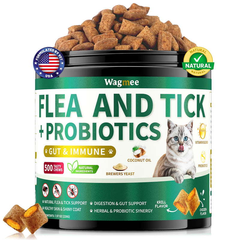 Flea and Tick Prevention for Cats Chews, 500 Crunchy & Creamy Flea Chews, Cat Flea Chewables with Probiotics - Skin & Coat Support - Fleas & Tick Supplement for Cats Kittens - Natural Chicken Flavor