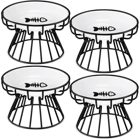 Roshtia 4 Sets Elevated Cat Bowls Ceramic Raised Cat Food Bowls with Metal Stand Dishwasher Safe Dishes Non Slip Elevated Food Plate(Black,Fishbone)