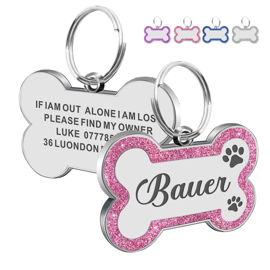 Dog Tags Personalized for Pets Dog Name Tags Personalized Dog Tag Engraved with Any Name & Text Custom Dog ID Tags Glitter Bone ID Tag for Puppy Cat (Pink S, Bone)