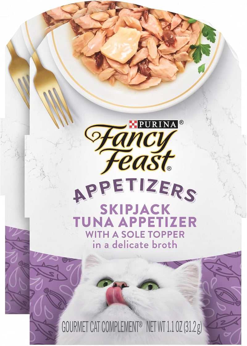 Fancy Feast Purina Appetizers Lickable Grain Free Wet Cat Food Topper Skipjack Tuna Appetizer with Sole - 1.1 oz. Trays,