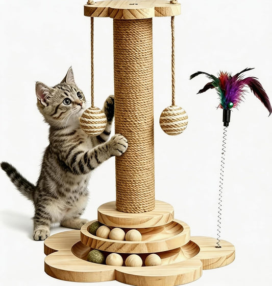 KHALOR Cat Scratching Post for Kittens, 4 in 1 Wooden Cat Scratcher Toy, 17.7" Tall Scratch Post with 2 Level Cat Track Balls, Interactive Feather Toy and 2 Sisal Hanging Balls for Indoor Kittens