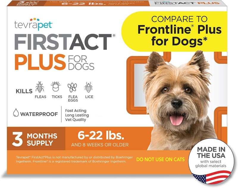 FirstAct Plus Flea Treatment for Dogs, Small Dogs 6-22 lbs, 3 Doses, Same Active Ingredients as Frontline Plus Flea and 