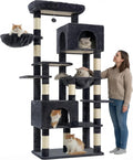 Heybly Cat Tree, 76-Inch Tall Heavy Duty Cat Tower for Big Cats with Extra Wide Baseboard, Multi-Level Large Cat Furniture with 2 Condos & 2 Hammocks, 10 Scratching Posts, Smoky Gray HCT039G