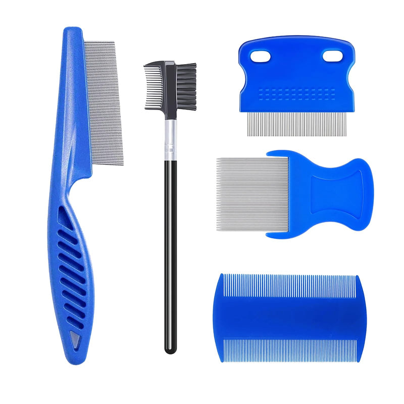MEDUWEDU 5 Pack Flea & Lice Comb Set for Cats, Dogs & Kids – Stainless Steel Fine Tooth Nit Comb Kit with Double-Sided Tear Stain Remover, Grooming Brush & Peine para Piojos for Thick Hair (Blue)
