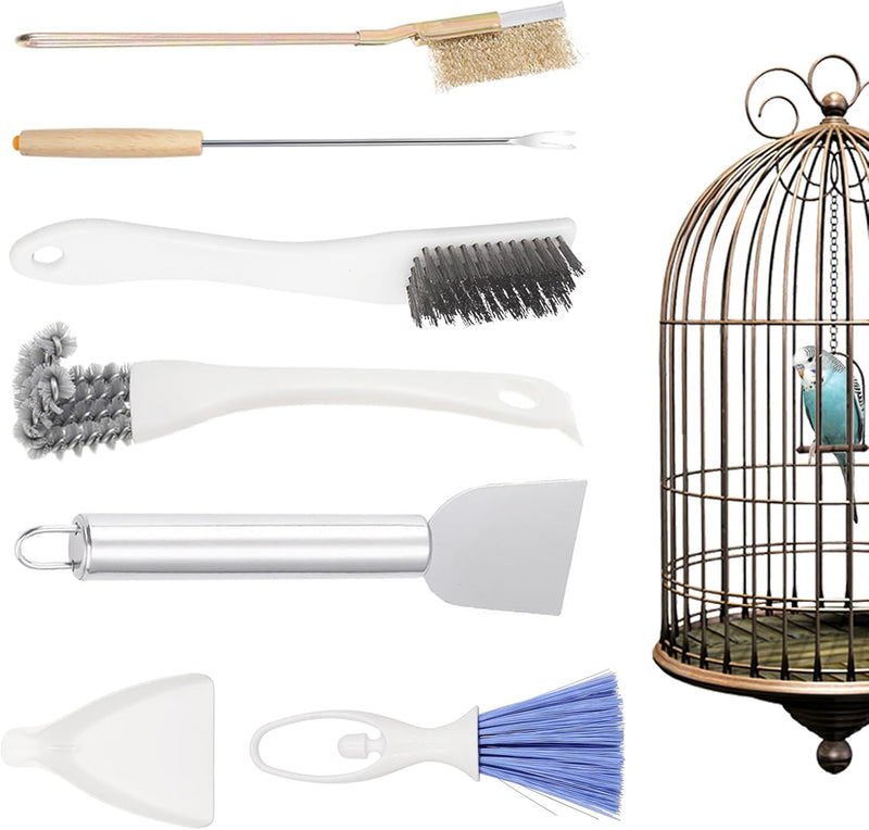 7-Piece Set Bird Cage Cleaner,Small Animal cage Cleaning Tool Wooden and Stainless Steel Cleaning Brush Long Handle Clea