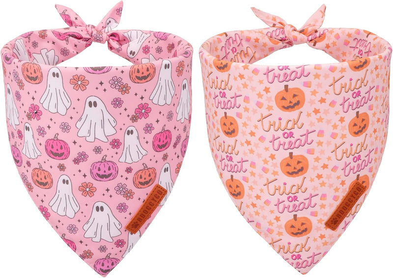 ADOGGYGO Pink Halloween Dog Bandanas Girl, Ghost Pumpkin Dog Scarf