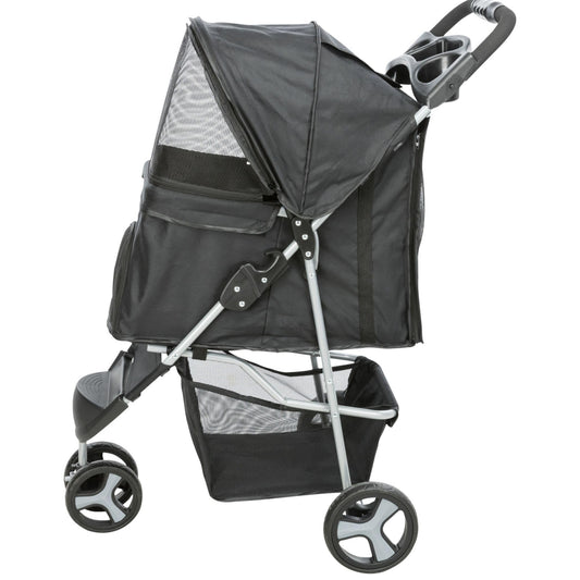 TRIXIE Foldable Pet Stroller for Cats and Dogs, Pet Carrier Strolling Cart with Weather Cover, Storage Basket, Cup Holder, Black
