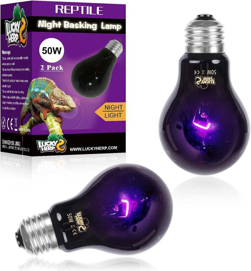LUCKY HERP Reptile Heat Lamp 50W 2 Pack, Reptile Night Heat Bulb, Reptiles & Amphibians Basking Spot Light Bulb for Bear