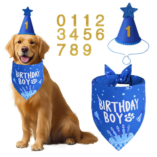 Agroon Dog Birthday Party Supplies, Blue Dog Birthday Set with Hat Bandana Numbers for XLarge Large Boy Pets Puppy