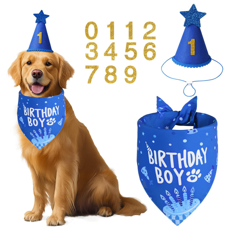 Agroon Dog Birthday Party Supplies, Blue Dog Birthday Set with Hat Bandana Numbers for XLarge Large Boy Pets Puppy