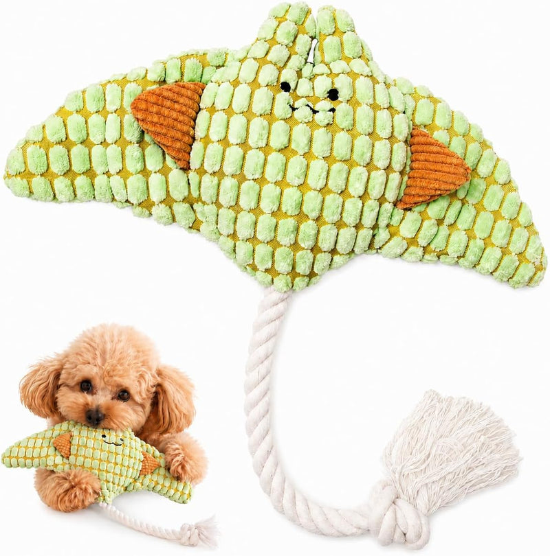 Manta Ray Dog Toy with Rope Tail, Plush Ocean Dog Toy for Small and Medium Dogs, Interactive Toss and Chew Pet Toy，Corn 