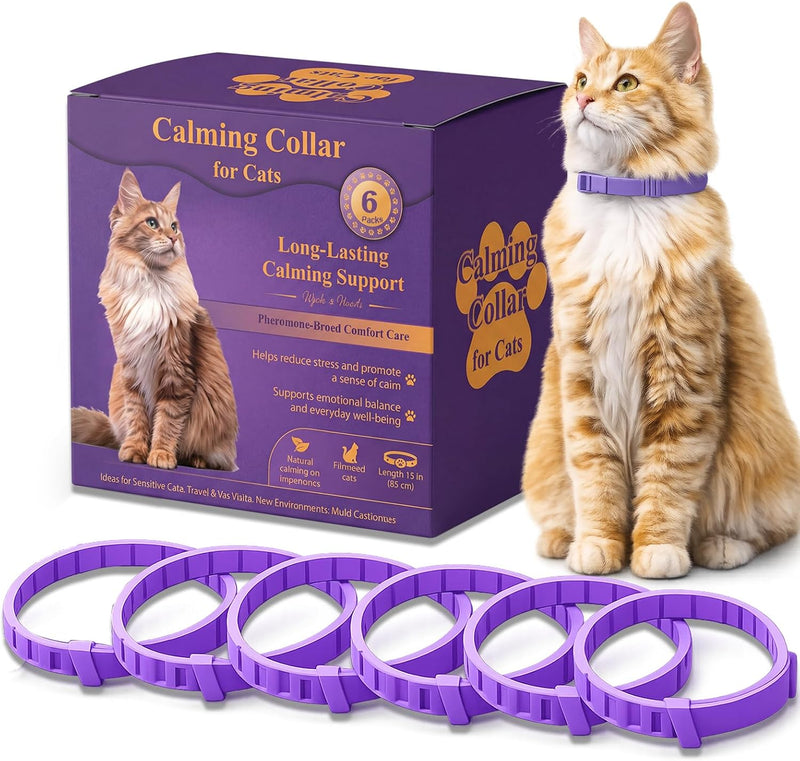Cat Calming Collars for Cats 6 Pack, Long-Lasting Pheromone Support for Anxiety & Stress, Secure Anti-Slip Adjustable 15