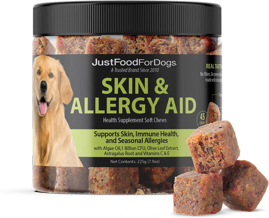 JustFoodForDogs Skin & Allergy Supplement for Dogs, Human Grade Dog Supplements, Skin & Coat Support, Multivitamin Soft Chews, Omega 3 Oil, Superfood Blend, Plant Based Dog Vitamins - 45 Count