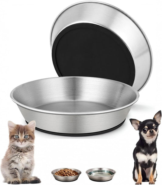 2 Pack Stainless Steel Cat Bowls for Food and Water, Shallow Non-Slip Silicone Bottom Dishes for Cat and Small Dog Puppies, Capacity of 13 Oz, Size: 6" Width and 1.26" Height