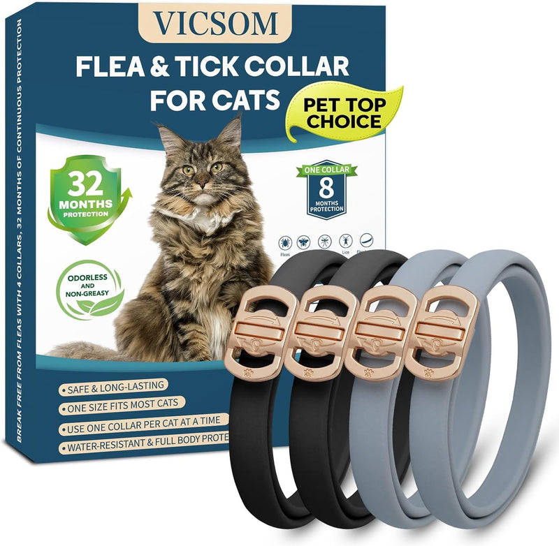 Flea and Tick Collar for Cats - 4 Pack, 32 Month Protection Treatment, Waterproof, Natural Prevention, Adjustable for Cats & Kittens (Black Grey)