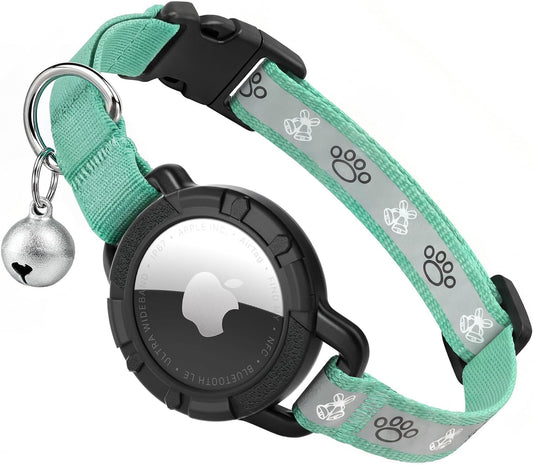 Reflective AirTag Cat Collar, Integrated Cat Tracker Collar with Air Tag Holder and Bell, Safety Elastic Band Cat GPS Collars for Girl Boy Cats, Kittens and Puppies (Green,S)