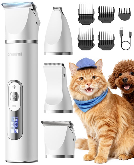 oneisall Quiet Cat Clippers for Matted Hair, 3 in 1 Cat Grooming Kit with LCD Display, Cat Hair Trimmer for Paw Trimmer, 3 Speed, Cordless, IPX7 Waterproof Pet Clippers for Butt, Paw, Back, Ear, Face