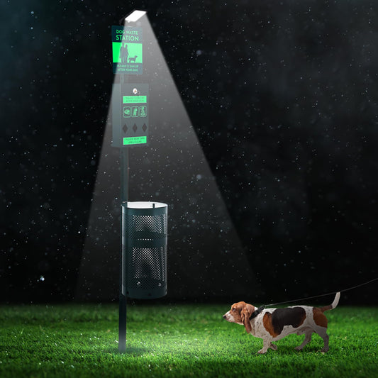 Tujoe Dog Waste Station with Solar Panels Outdoor Light Up at Night,Galvanized Steel Dog Trash Bin Dispenser,Rust Proof LED Pet Station for Commercial Park Backyard(with Trash Bin)