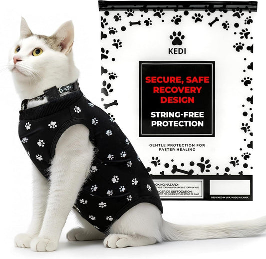Cat Surgery Recovery Suit Female Cat Onesie for Cats After Surgery Spay Surgical Abdominal Wound Skin Diseases E-Collar Alternative Wear (Black, Medium)