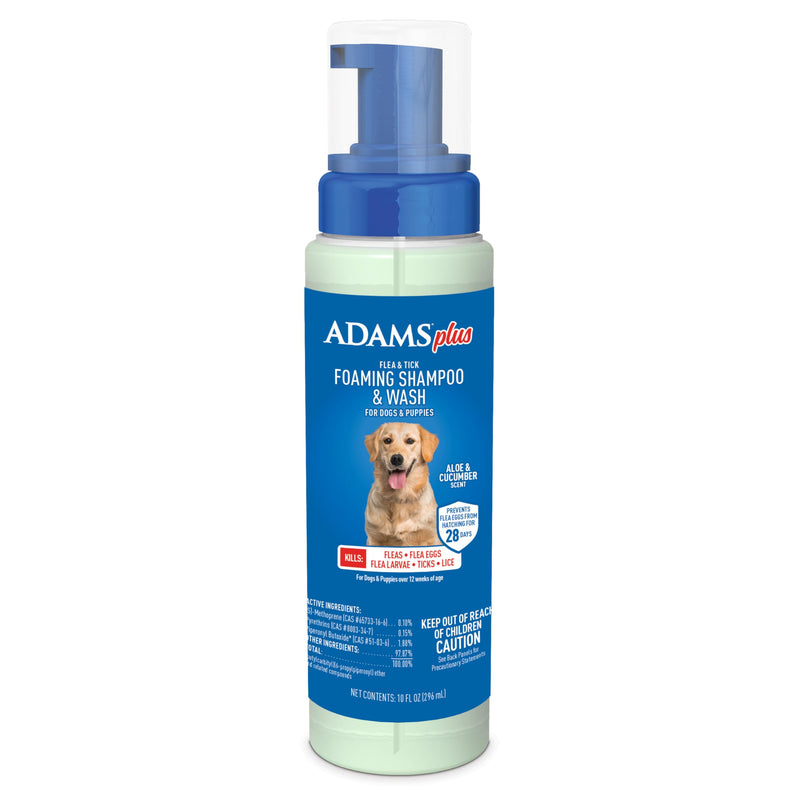 ADAMS Plus Flea & Tick Foaming Shampoo & Wash for Dogs & Puppies, Flea Shampoo to Treat Flea Infestations, Kills Ticks, Fleas, Flea Eggs & Lice, Cleans and Conditions Coat, 10 Ounces