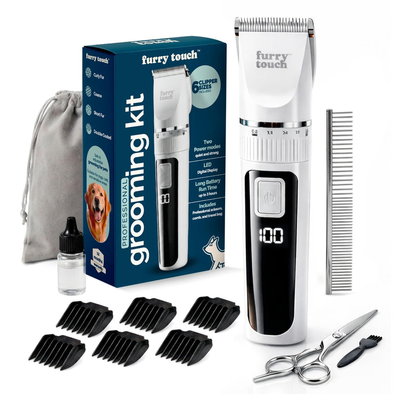 Furry Touch Dog Grooming Kit - 2 Power Modes Quiet & Strong, Cordless Dog Clippers for Grooming & Dogs Hair Trimmer for Groomings, Ceramic Blades, 6 Guide Combs, Rechargeable Trimmer for Cats and Pets
