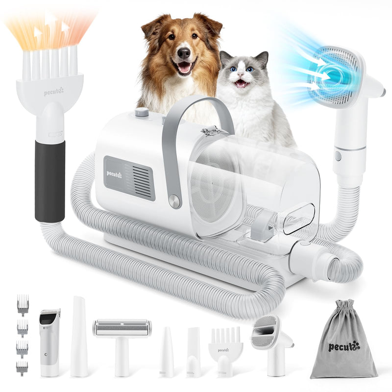 Pecute Dog Grooming Vacuum & Clipper, 7-in-1 Kit for Home Grooming, 10000Pa Low Noise (55dB) Dog Vacuum for Heavy Shedding Season, Adjustable Suction & Temp, 1.7L Dust Cup
