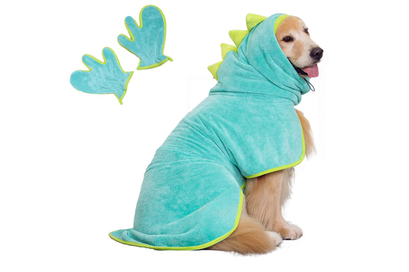Pawyee Super Soft Fast-Drying Dog Towel Set for Cold Weather, Beach, Pool - Adjustable Microfiber Bath Robe with Drying Gloves for Cats and Dogs (L, Blue Dino)