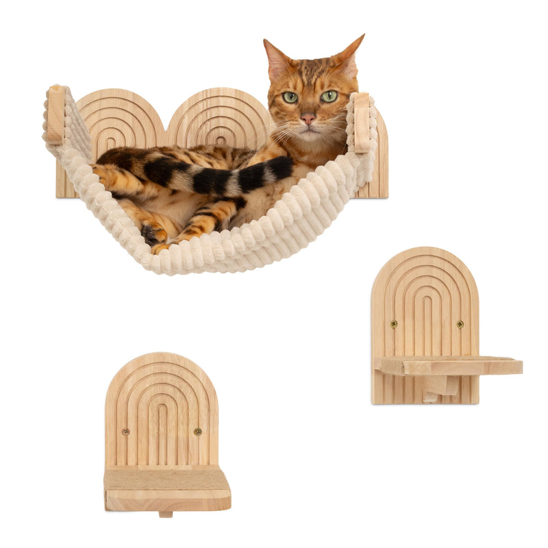XOCOCO Wall Mounted Cat Hammock Bed with Steps & Scratching Post – 3-in-1 Cat Wall Shelves & Perch, Natural Paintable Wood Furniture for Indoor Cats, Holds 30 lbs