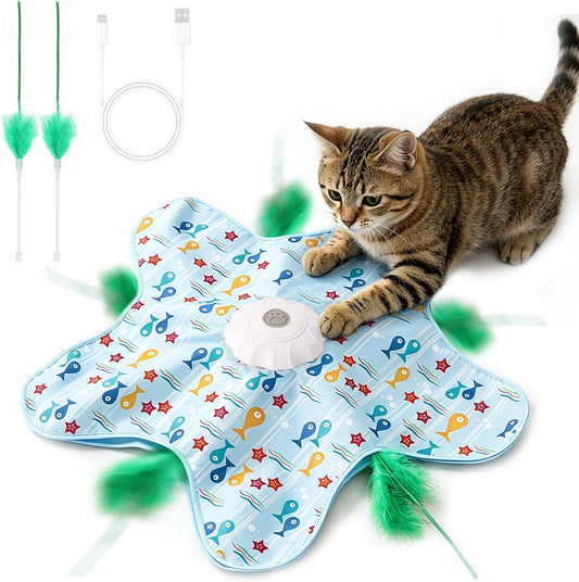 Interactive Cat Toys for Indoor Cats, Rechargeable Automatic Hide and Seek Moving Feather Kitten Toy with 2 Replaceable 