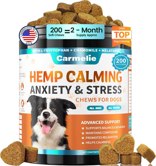 Carmelie Hemp Calming Chew for Dog - 200 Chews Dog Calming Treats -Dogs Anxiety & Stress Relief Valerian Root Chamomile Melatonin for Separation, Barking, Stress & Slee- Chicken Flavor