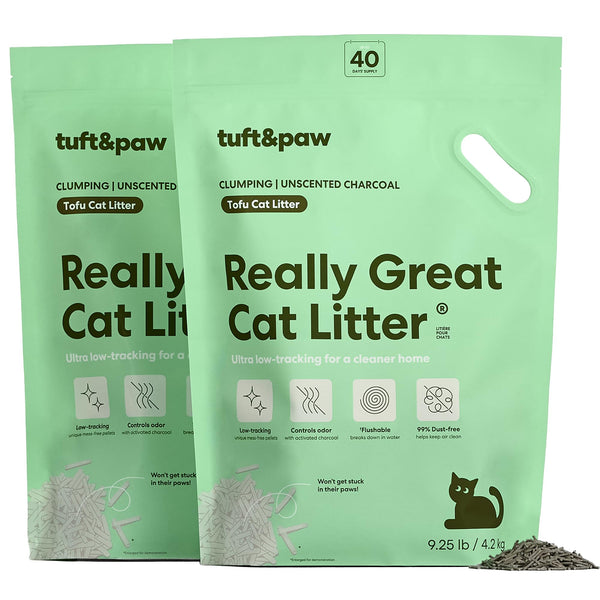 Tuft & Paw Really Great Cat Litter, Ultra Low Tracking Tofu Cat Litter, Clumping, Flushable, Odor Control, Dust-Free, Unscented - 9.25lbs x 2Bags (Charcoal)