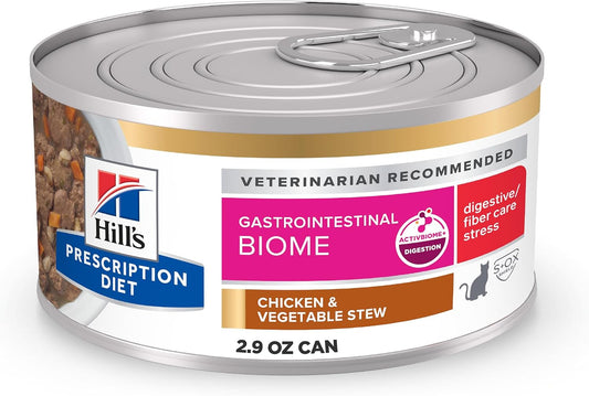 Hill's Prescription Diet Gastrointestinal Biome Stress Digestive/Fiber Care Wet Cat Food, Chicken & Vegetable Stew, 2.9 oz. Cans, 24-Pack
