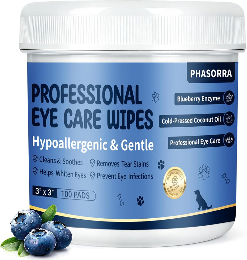 Pet Eye Wipes for Dogs & Cats, Hypoallergenic & Gentle (Blueberry)