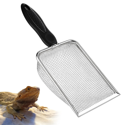 Qulkws Stainless Steel Mesh Litter Shovel, Fine Mesh Metal Reptile Litter Cleaner Scooper, Black Non-Slip Handle Sifter for Lizard Substrate Reptile Terrarium Sand Waste
