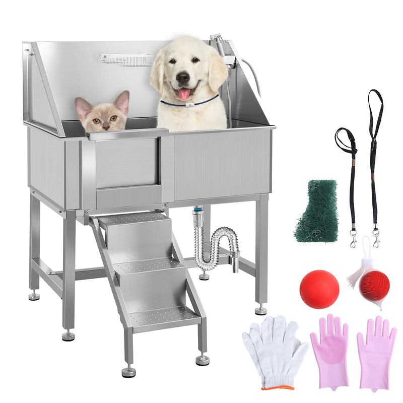 OUKIDR Dog Washing Station for Home, Professional Stainless Steel Dog Grooming Tub with Stairs, Door & Drain for Large, Medium & Small Pets, Silver (38 inch-Right Door)