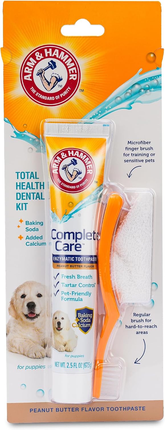 Arm & Hammer Complete Care Puppy Dental Kit, Enzymatic Toothpaste with Baking Soda and Calcium for Dogs, Peanut Butter Flavor, Toothbrush and Microfiber Brush Included, Fluoride-Free, 2.5 Oz - 2 Pack