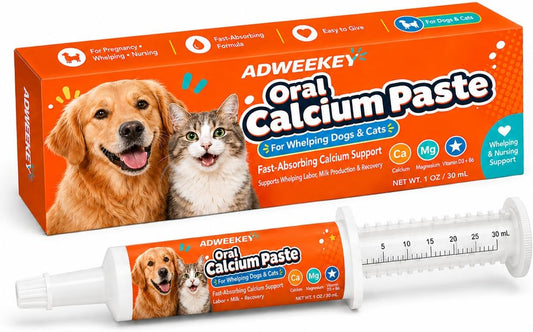 Oral Calcium Paste for Whelping Dogs & Cats, Fast-Absorbing Calcium Supplement with Vitamin D3 & B6, Dial-a-Dose Syringe