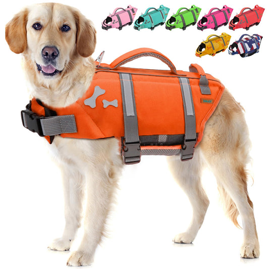 EMUST Dog Life Jacket, XL, NewOrange, Waterproof, Breathable, Adjustable with Rescue Handle, for Swimming Pool Beach Boating