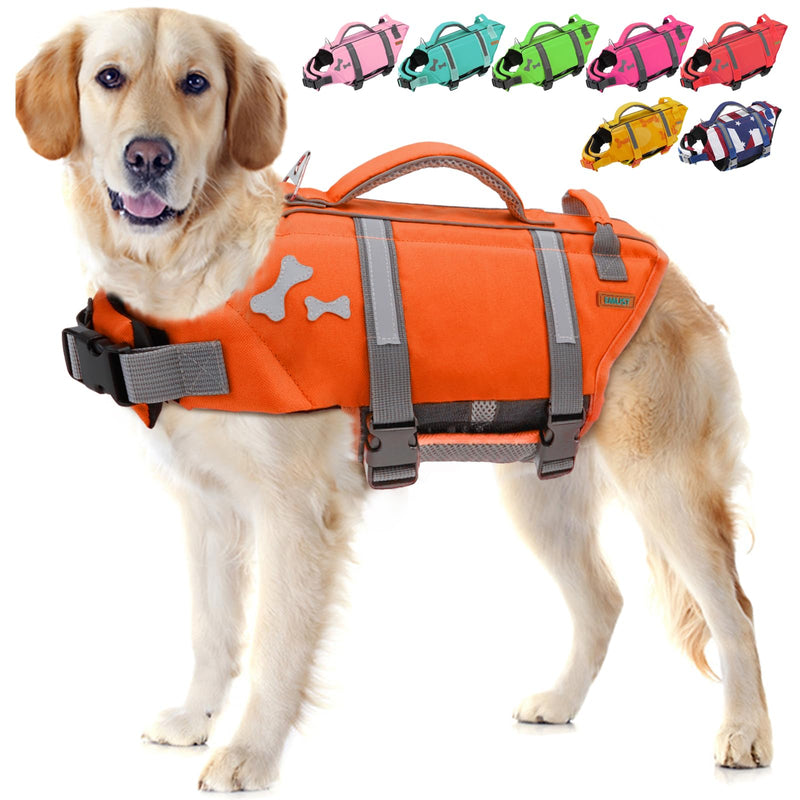 EMUST Dog Life Jacket, XL, NewOrange, Waterproof, Breathable, Adjustable with Rescue Handle, for Swimming Pool Beach Boating